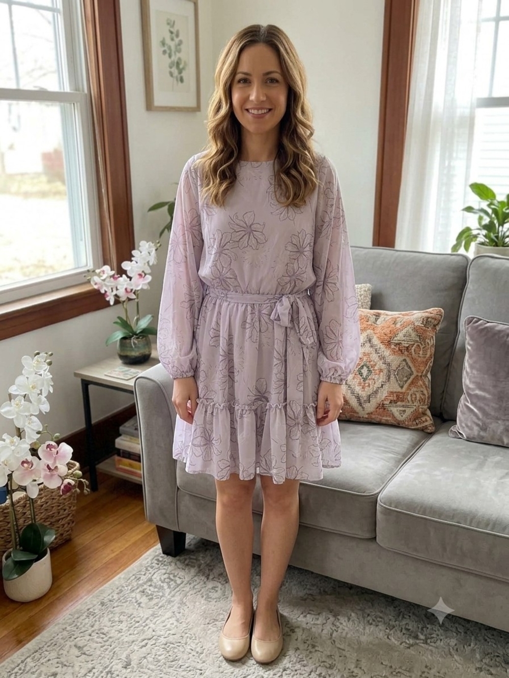 Flying Tomato Lilac Floral Tie-Waist Long-Sleeve Dress